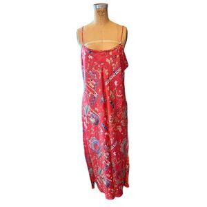 VTG Natori Spaghetti Strap Long Slip Dress/Nightgown Coral Geisha Pattern, XL
